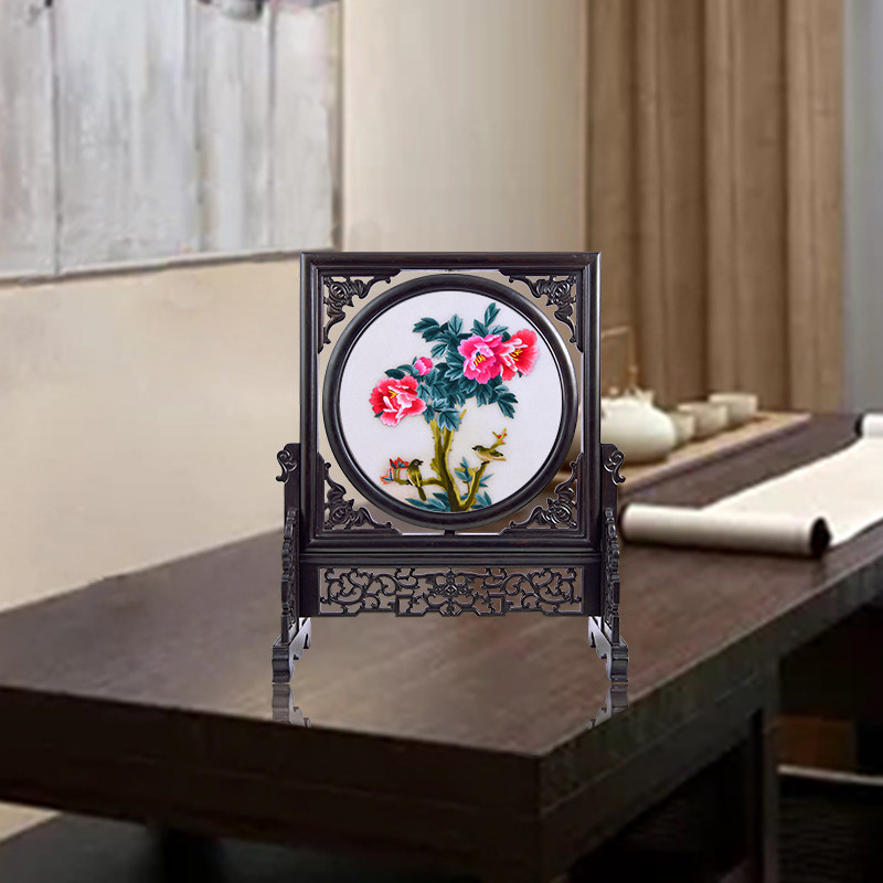 工艺品摆件家居装饰品中国特色礼品客厅苏秀手工刺绣双面绣紫光檀