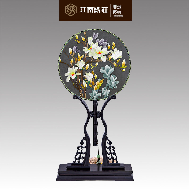 刺绣团扇手工双面苏绣圆扇子绢扇团扇中式出国礼物送品带座架