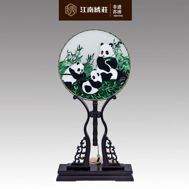 刺绣团扇手工双面苏绣圆扇子绢扇团扇中式出国礼物送品带座架