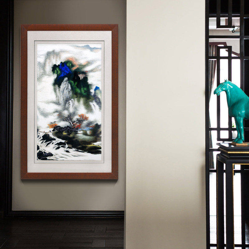 玄关装饰画过道走廊竖版新中式壁画苏绣刺绣成品客厅挂画山水画