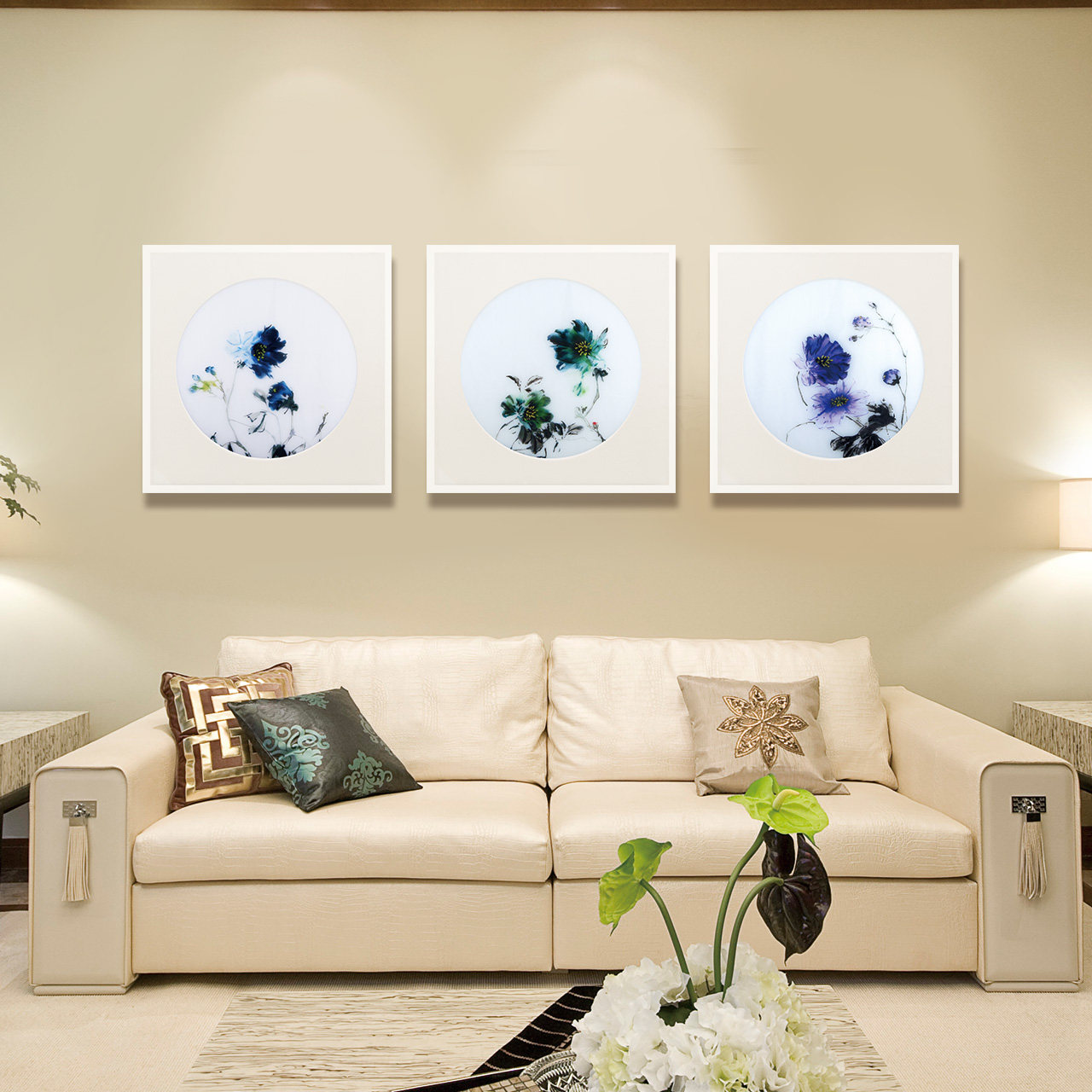 挂画装饰画客厅简约现代中国风三联牡丹挂画玄关卧室花开富贵苏绣