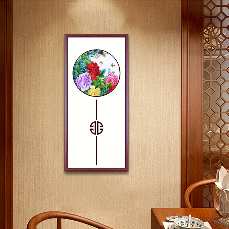 牡丹挂画客厅花开富贵玄关装饰画竖版过道简约现代中国风三联画
