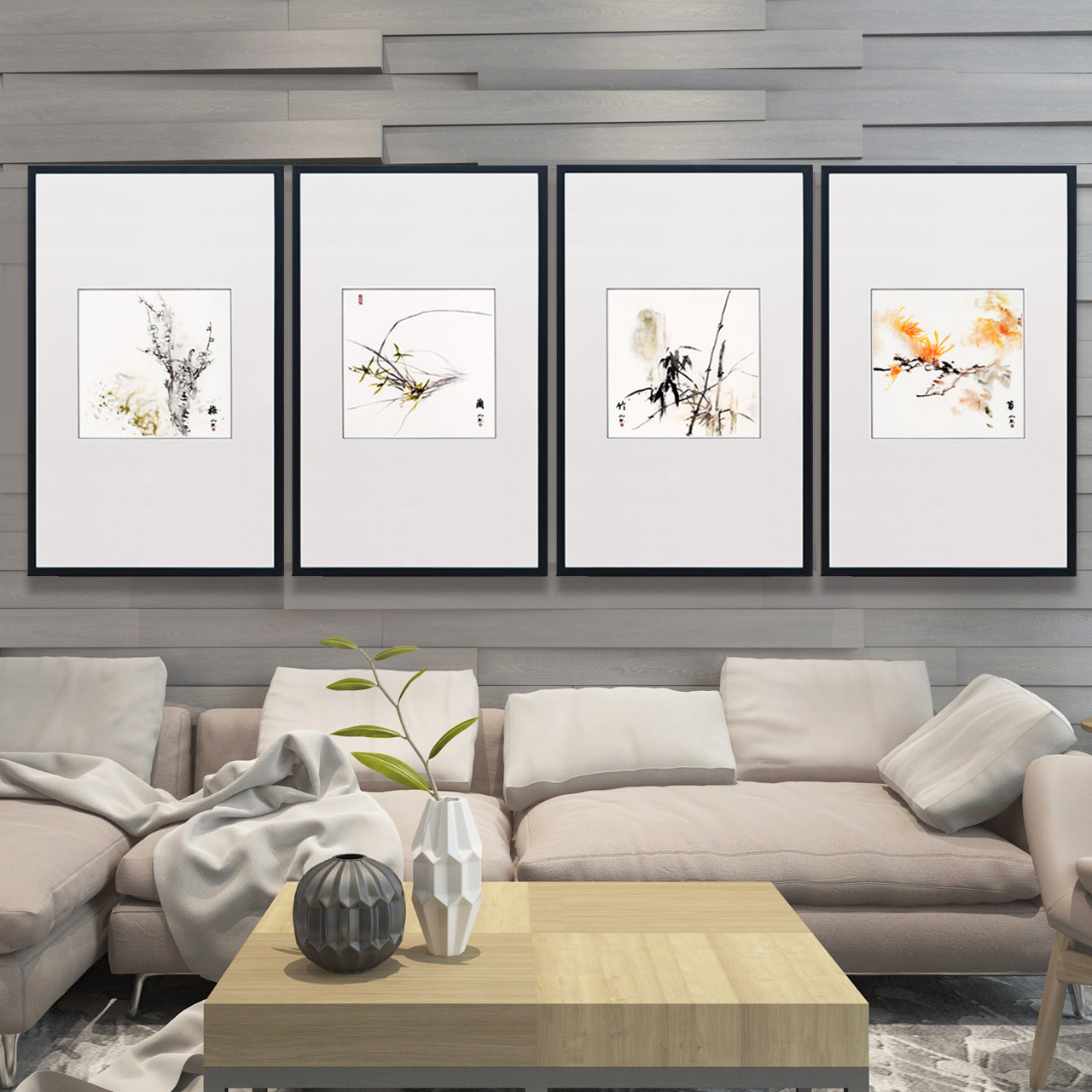 新中式装饰画禅意现代中式客厅玄关ins壁画梅兰竹菊挂画苏绣成品