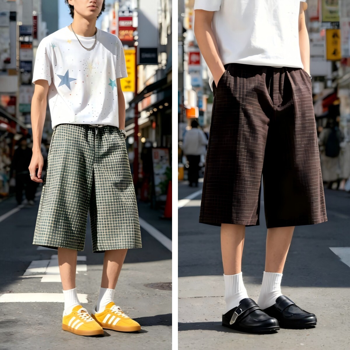 CityBoy复古宽松格子休闲中裤