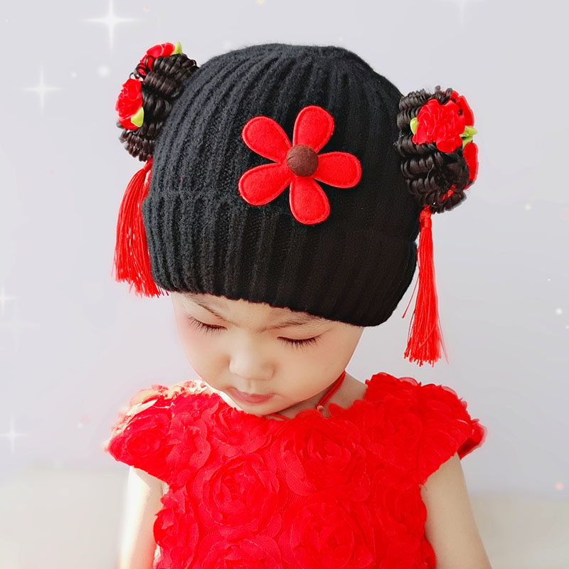 小女孩冬季加绒保暖宝宝假发帽子婴儿童唐装汉服公主百天周岁配饰