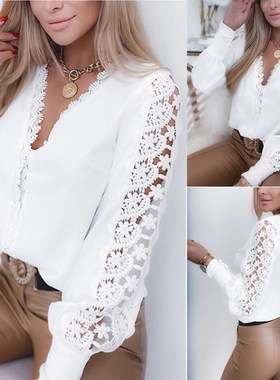 白色女士衬衣2021速卖通wish亚马逊爆款秋冬长袖V领蕾丝拼接衬衫