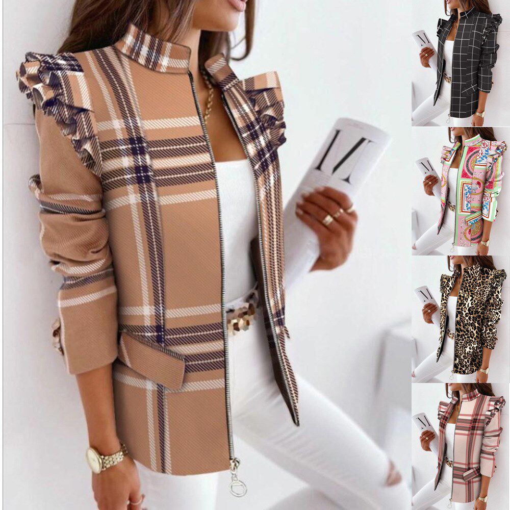 2021wish亚马逊爆款秋冬荷叶边插肩立领拉链格子豹纹印花小外套女