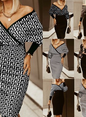 2021秋wish亚马逊爆款V领几何印花收腰紧身包臀长袖中长款连衣裙