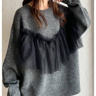 跨境外单日韩系2024秋冬新款网纱拼接拼接假两件针织毛衣白领上衣