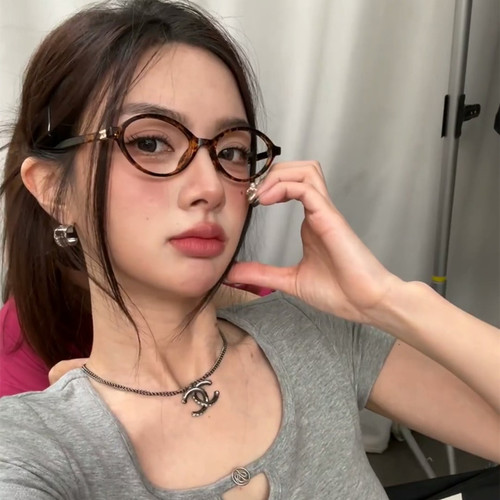 日系欧美复古辣妹风豹纹小椭圆框超轻TR素颜眼镜女防蓝光配高近视