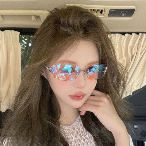 欧美曲面无框Y2K水银色墨镜亚裔辣妹风高级感个性网红同款太阳镜