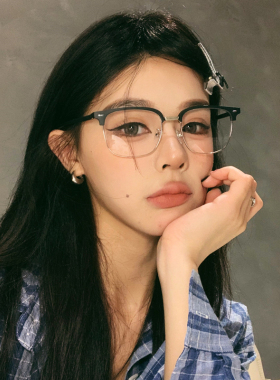 姐感纯欲半框黑色眼镜女高质感复古方框素颜防蓝光近视镜可配度数