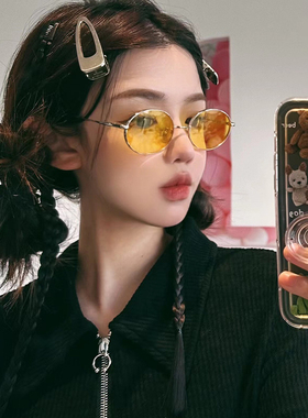 复古猫眼金属小脸黄色高级感太阳眼镜女凹造型防晒墨镜欧美辣妹潮