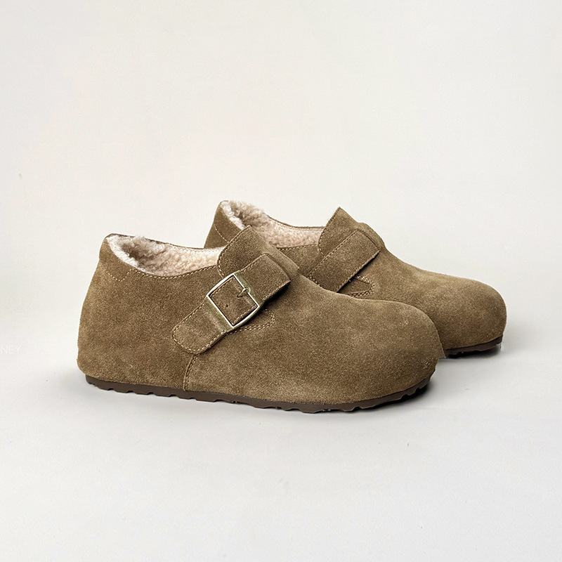 2025秋冬内增高厚底真皮加绒勃肯鞋复古丑萌圆头乐福鞋棉鞋女棉鞋