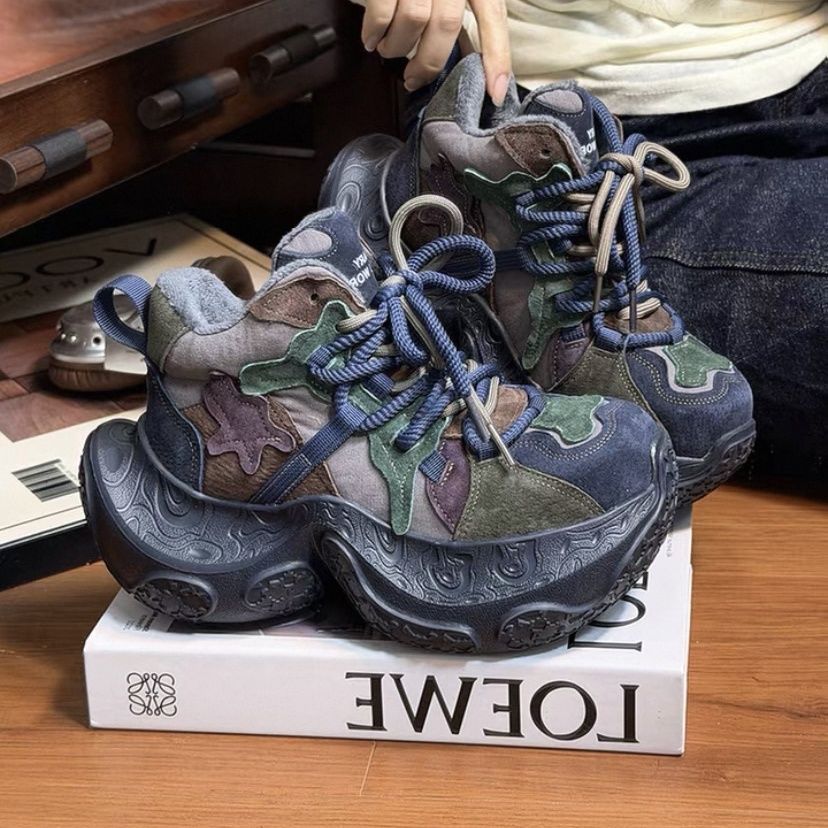 2025秋冬新款老爹鞋女拼色厚底松糕增高8㎝运动鞋休闲时尚复古