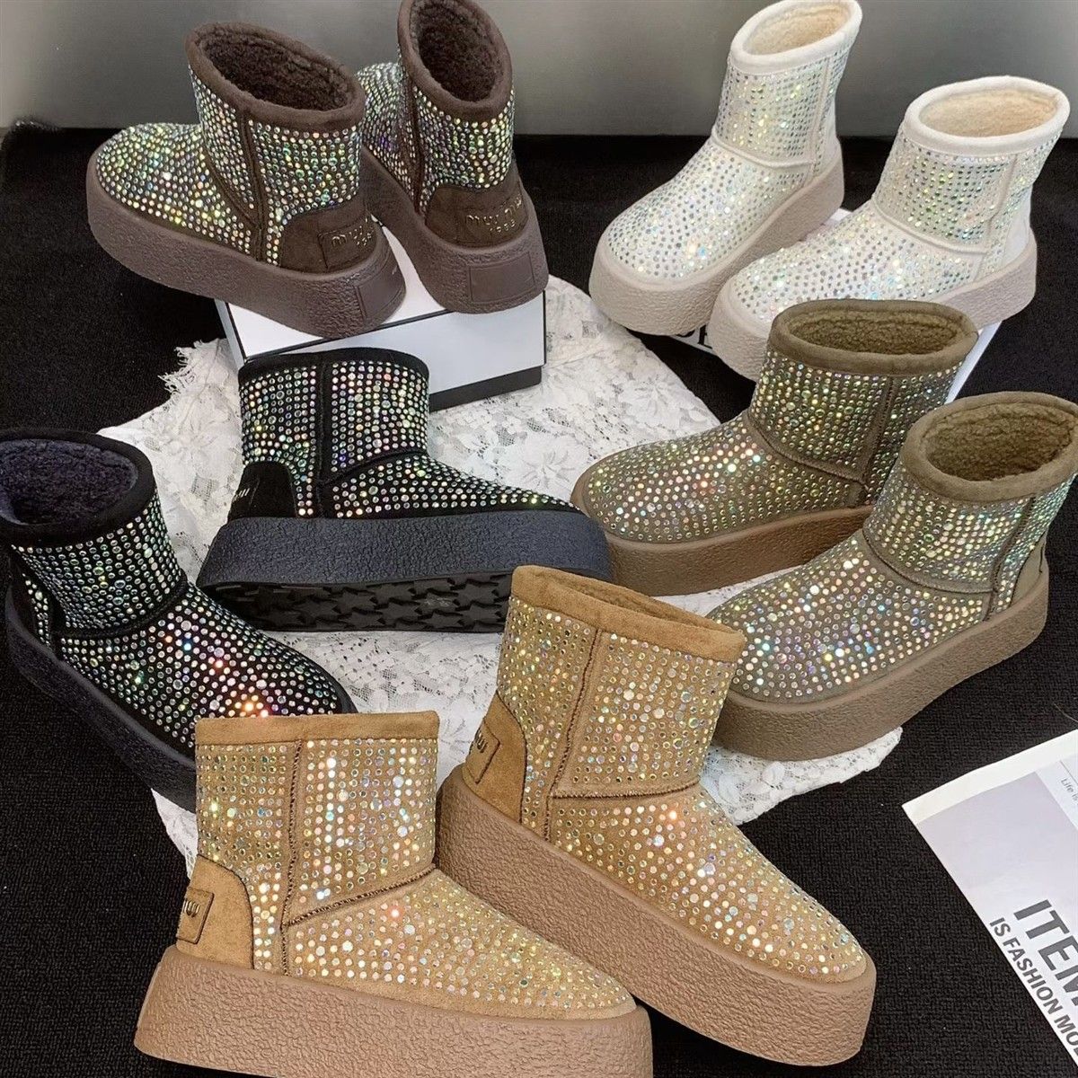 厚底增高满天星水钻雪地靴女2025冬新款厚底棉靴短筒加绒加厚时尚