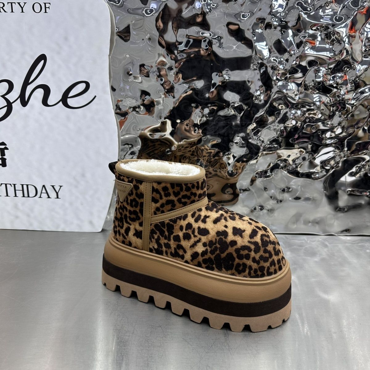 豹纹短靴秋冬配大衣的靴子2025新款雪地靴女冬季加绒加厚厚底增高