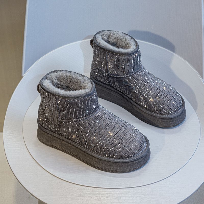 2025新款网红满天星水钻雪地靴女冬厚底棉靴短筒加绒加厚保暖棉鞋