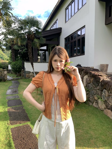 宅宅Athome//盛夏甜橙 假两件设计蕾丝拼接短袖修身显瘦系带衬衫