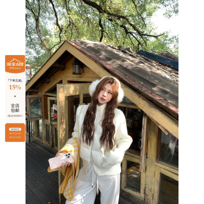 宅宅athome//北欧雪国 90白鸭绒针织插肩袖拼接短款羽绒服外套