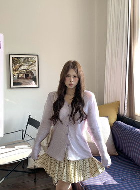 宅宅athome//香芋奶油 紫色透透纱针织开衫毛衣设计感小众外套