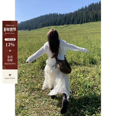 宅宅athome//半岛松茶 重工网纱刺绣拼接蕾丝半身裙高腰不规则裙