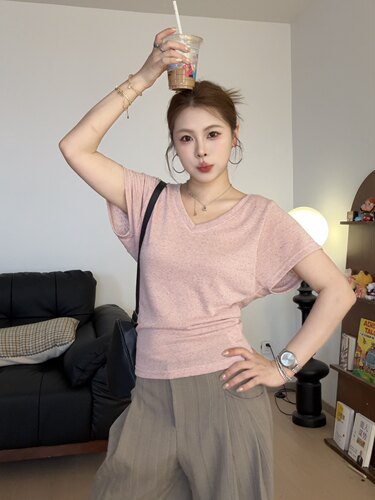 宅宅athome//天丝亚麻V领正肩短袖T恤夏季修身显瘦百搭松弛感上衣