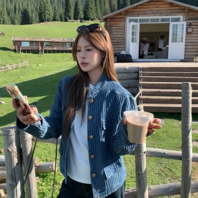 宅宅athome//番外胶片 复古小香风编织牛仔外套高级感气质上衣