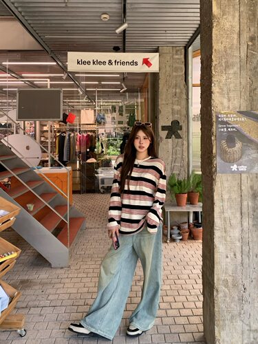 宅宅athome//松弛outfit 韩版撞色条纹长袖T恤圆领宽松拼色上衣