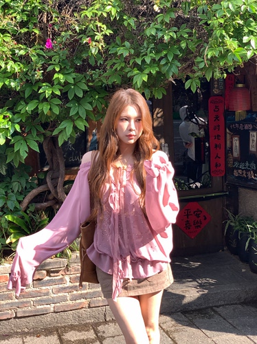 宅宅Athome//梦若芳华 荷叶边重工烫钻宫廷风oversize雪纺衬衫