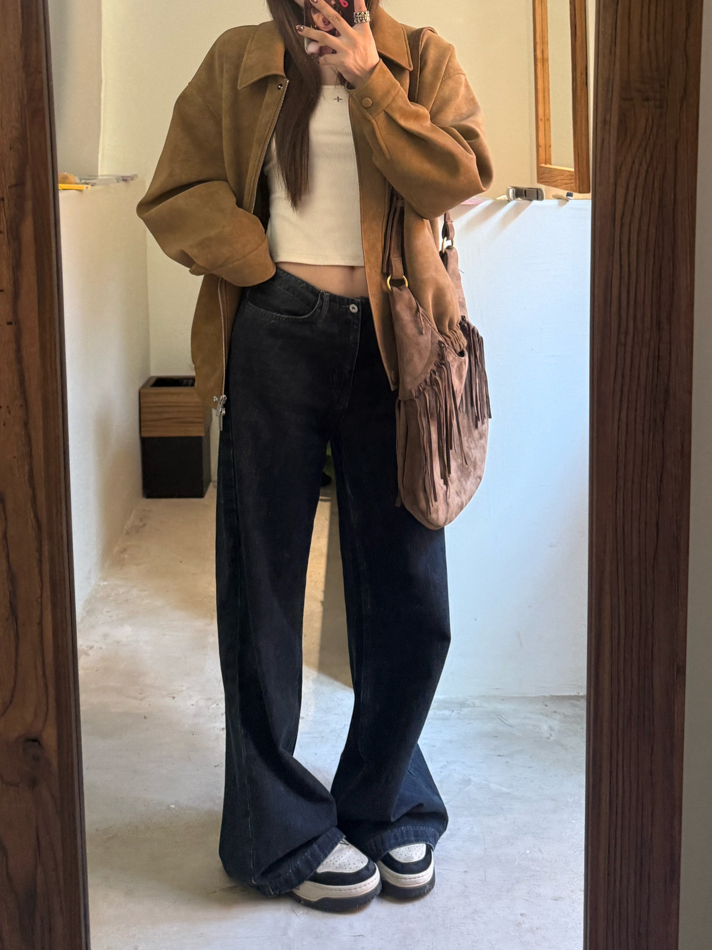 宅宅athome//焦点牛仔 刺绣无腰头牛仔裤女复古阔腿直筒拖地长裤