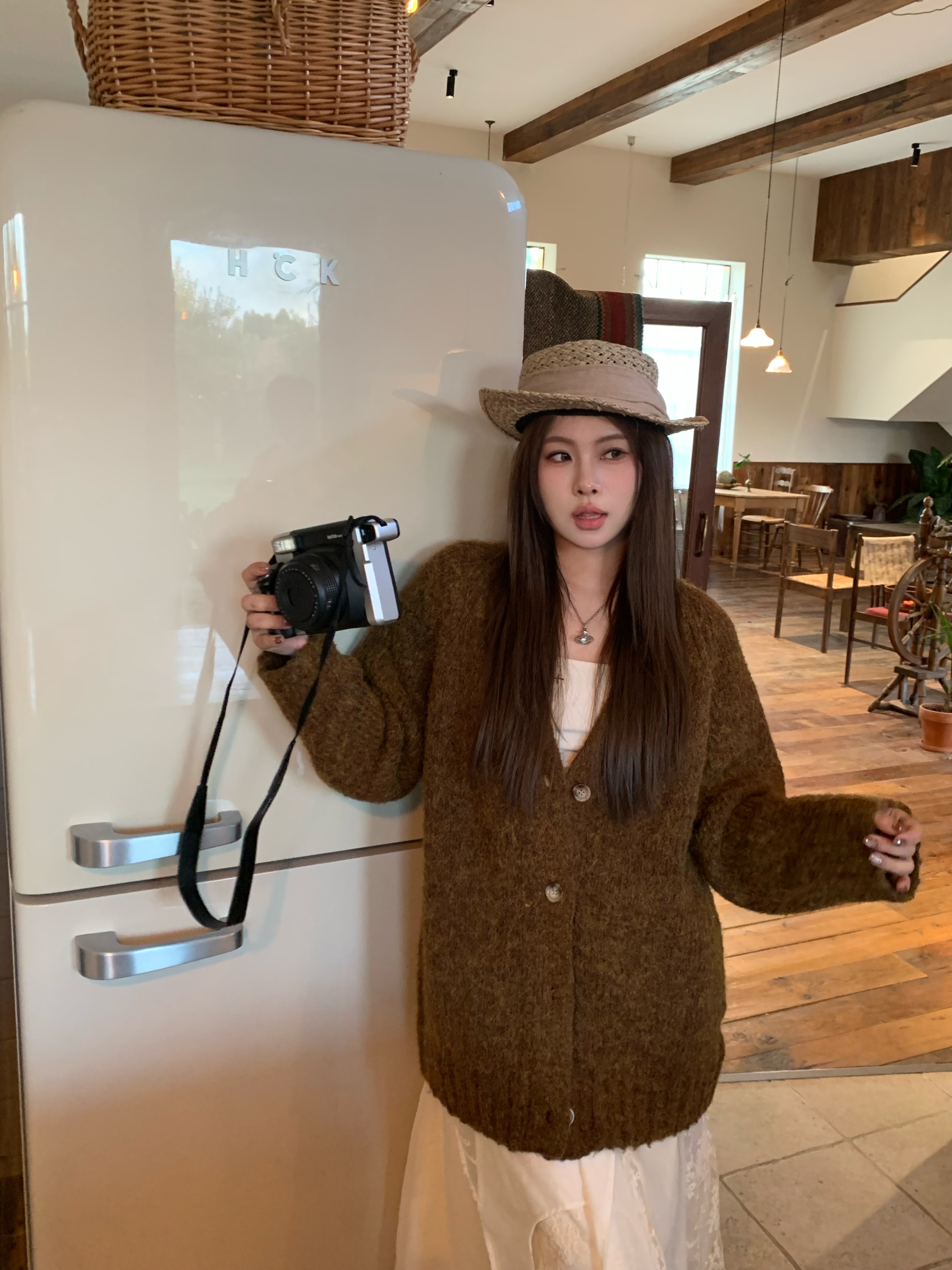 宅宅athome//拿铁黄昏 美拉德v领针织开衫秋季宽松慵懒风毛衣外套
