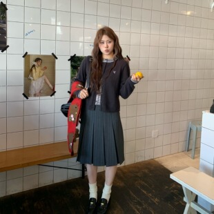 宅宅athome//英伦艺术生 学院风中长款百褶裙高腰a字暗条纹半身裙