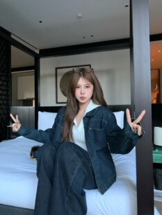 宅宅athome//街区故事 美式复古正肩原色牛仔外套休闲宽松夹克