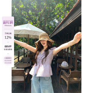 小衫 宅宅Athome 蕾丝V领短袖 原创韩系碎花系带衬衫 紫藤花开