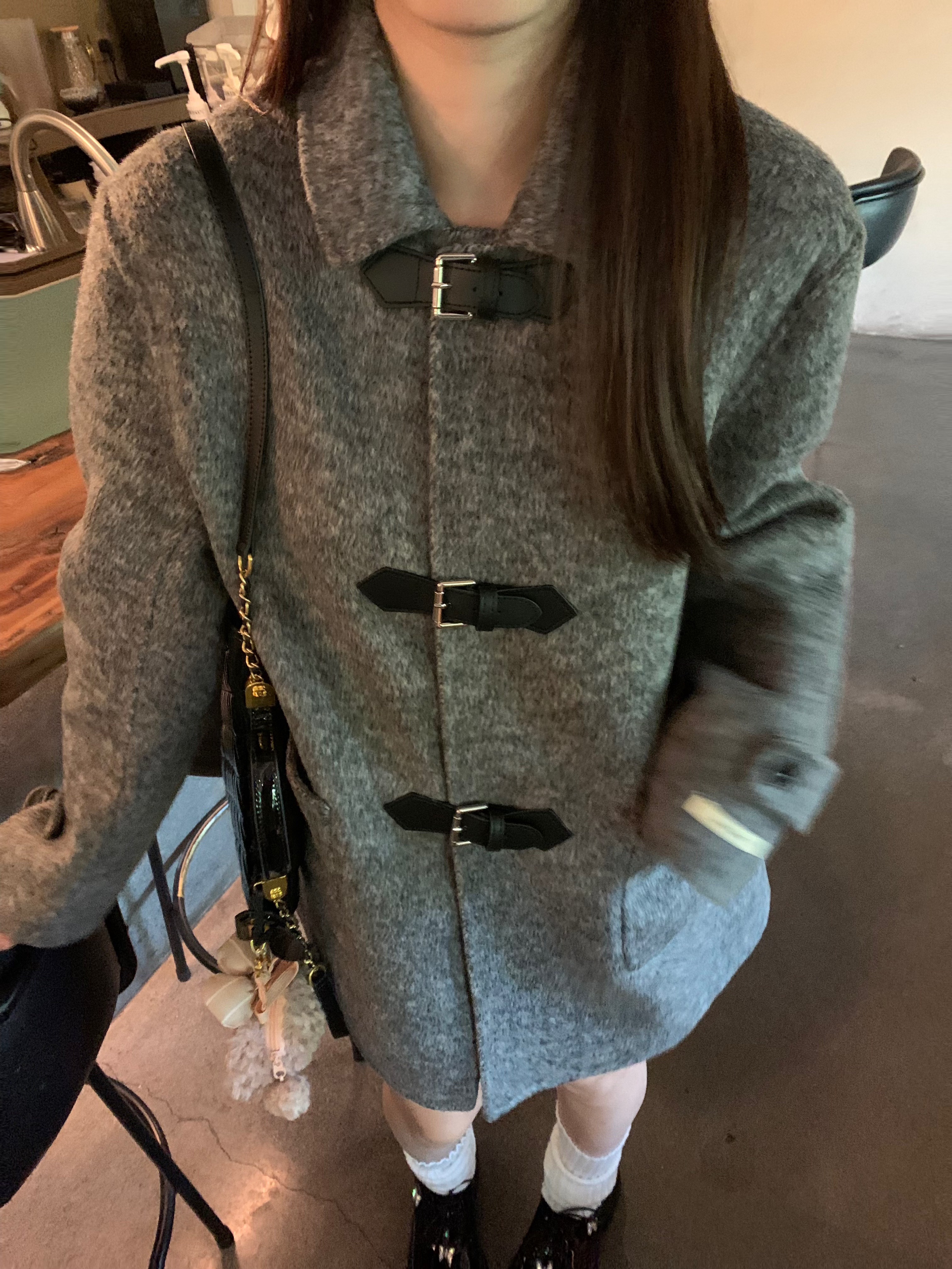 宅宅athome//巴黎旧刊～韩版灰色双面羊毛皮扣外套宽松休闲大衣