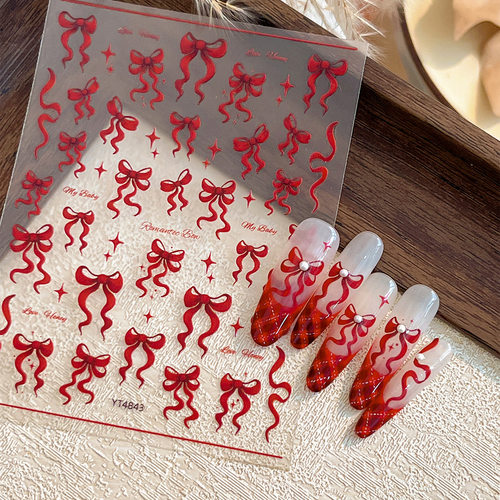 美甲贴纸红蝴蝶结新年红
