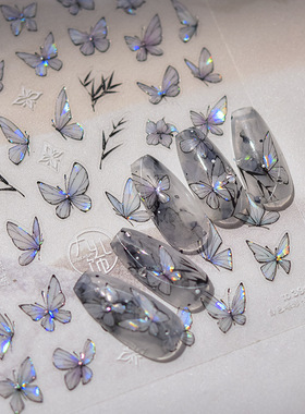 贝壳光美甲贴纸爆款复古指甲贴日系紫色蝴蝶3910