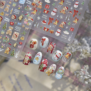 圣诞美甲贴纸立体雪花浮雕姜饼人可爱圣诞复古小熊蝴蝶结背胶指甲