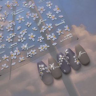 晶钻美甲贴纸复古指甲贴日系流苏白梨花贴纸3979