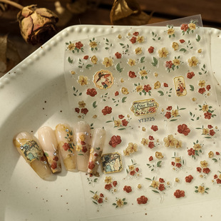 新款 复古花朵美甲贴纸浮雕格纹精致相框指甲背胶贴 园林风法式