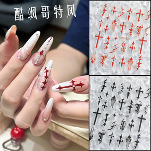 新款 饰品 美甲贴纸甜酷辣妹复古炫酷哥特风黑红色贴片指甲贴花装