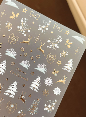 烫金银圣诞美甲贴纸雪花麋鹿白色圣诞树浮雕带背胶指甲装饰贴