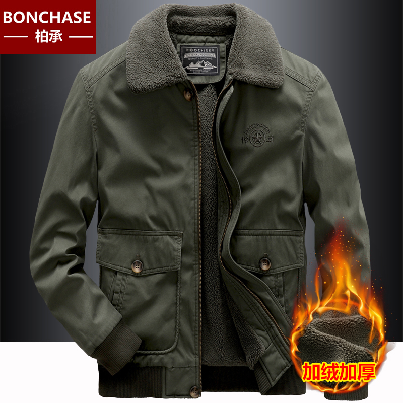 棉衣加绒水洗中年户外工装大码