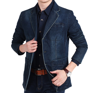 春秋男士牛仔外套西服男上衣中年宽松大码户外休闲夹克男装小西服