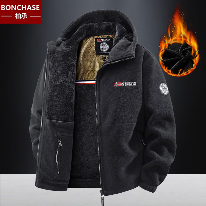 摇粒绒外套男连帽加绒加厚卫衣