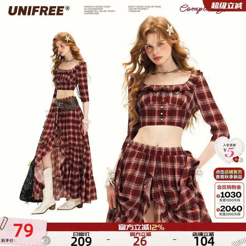 UNIFREE红色格纹短款T恤半裙套装图片