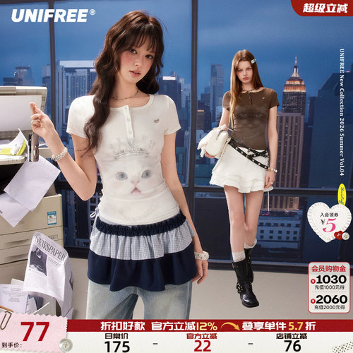 UNIFREE亨利领小猫印花短袖T恤