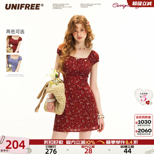 UNIFREE红色碎花雪纺连衣裙夏季新款小个子法式方领A字复古连衣裙