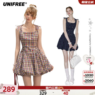 UNIFREE彩色格子复古连衣裙蝴蝶结收腰夏季少女韩系吊带花苞短裙